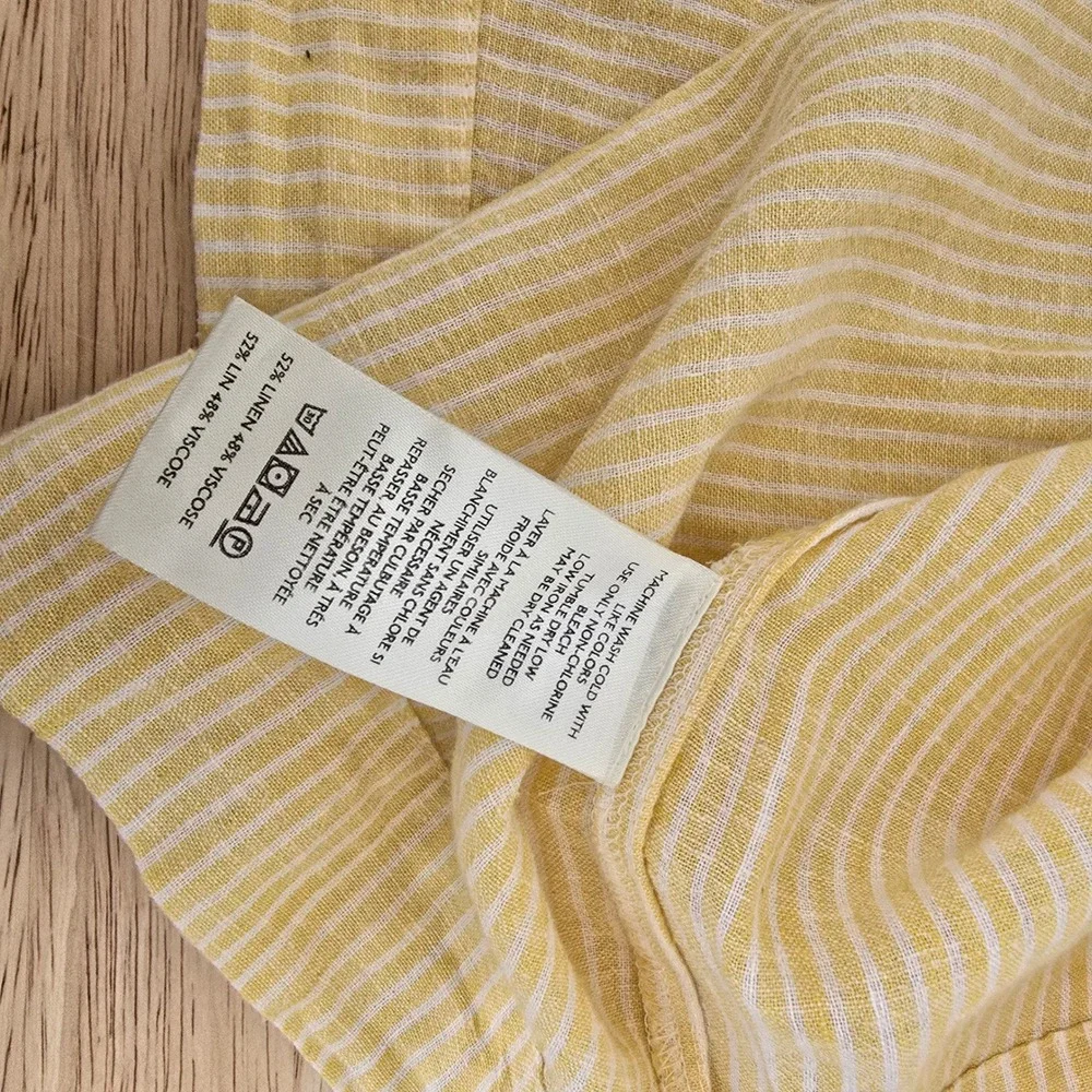 Anthropologie Yellow Pinstripe Smocked Lattice Puff Sleeve Linen Blouse Small